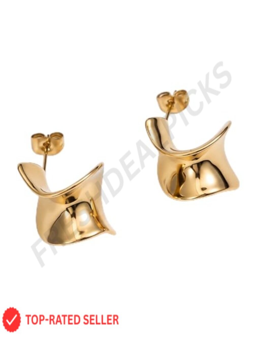 14K Gold Plated Artistic Wavy Stud Earrings, Hypoallergenic, Surgical Steel